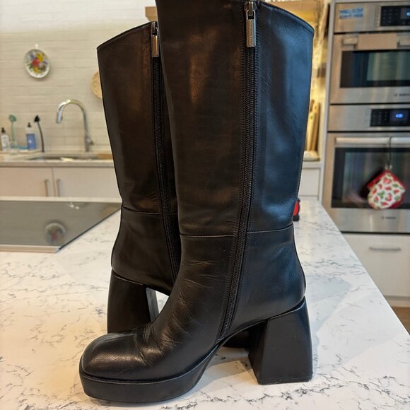 Pons Quintana Black Leather Mid Calf Heeled Platform Boot - Picture 6 of 14